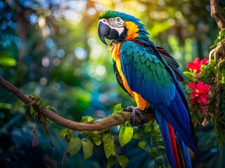 Obraz premium Colorful macaw parrot in the jungle. macaw parrot with colorful plumage and a long tail sitting on the tree branch. colorful parrot in the rain forest, wildlife and nature concept