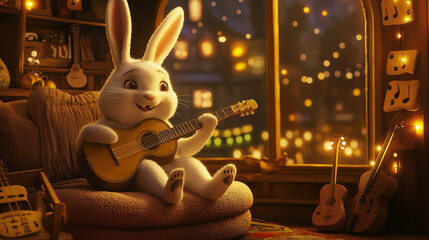 "Melodic Haven: A Rabbit's Guitar Serenade in a Cozy Room"