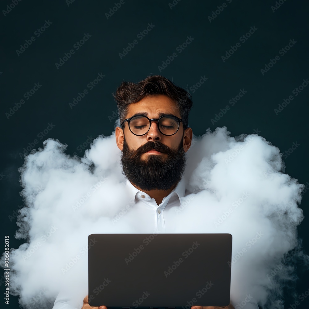 Poster data scientist feeling focused and motivated while analyzing big data in the cloud, symbolizing inno