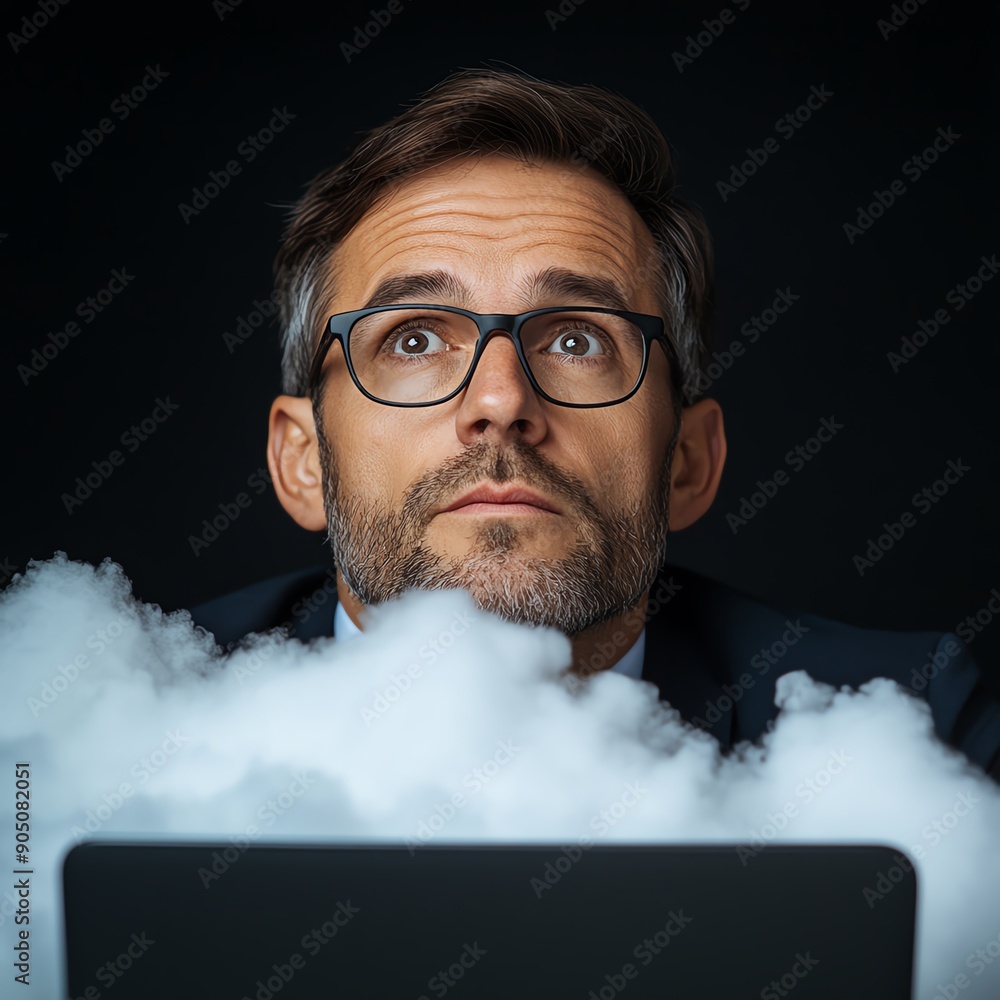 Poster data scientist feeling focused and motivated while analyzing big data in the cloud, symbolizing inno