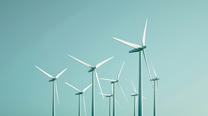 A field of wind turbines against a blue sky, representing clean energy and sustainability.