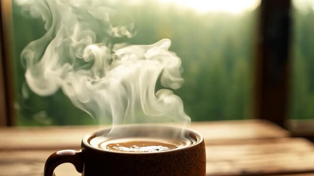 Morning with an aromatic drink that charges you with energy for the whole day. A cup of aromatic hot tea or coffee stands on a wooden table by the window of a country house in the forest.