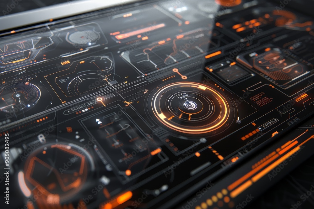 Poster detailed view of a high-tech holographic computer screen displaying advanced data and graphs, hologr