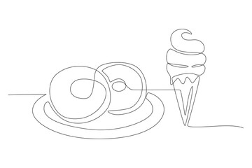 Two donuts and ice cream. Fast food concept one-line drawing