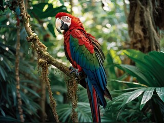 Fototapeta premium Colorful macaw parrot in the jungle. macaw parrot with colorful plumage and a long tail sitting on the tree branch. colorful parrot in the rain forest, wildlife and nature concept