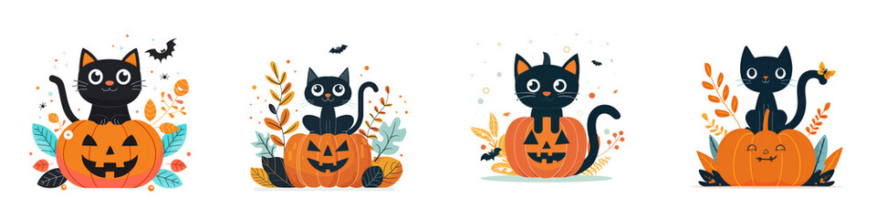 Fototapeta premium Four black cats sitting on pumpkins