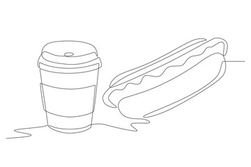 Hotdogs and coffee. Fast food concept one-line drawing