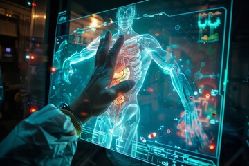 A man in a lab coat interacts with a human body hologram on a screen, utilizing advanced imaging technology, Holographic imaging technology for detailed and interactive medical diagnosis