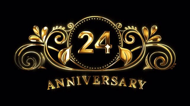 24th Anniversary Celebration. Happy 24 Years Anniversary Animation in Gold Color on the Transparent Background, Alpha Channel. Great for greetings, celebrations, events, and gifts.
