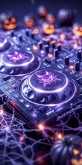 A DJ mixer with glowing knobs, surrounded by Halloween pumpkins and cobwebs.