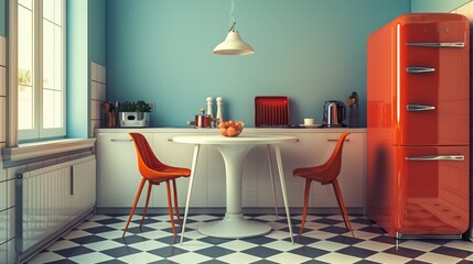 A retro kitchen with a red refrigerator, a white table and chairs, and checkered tile floors.