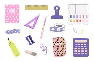 A set of school supplies. Stationery for learning and creativity. Accessories for schoolchildren and students. Back to school. Hand drawn vector illustration
