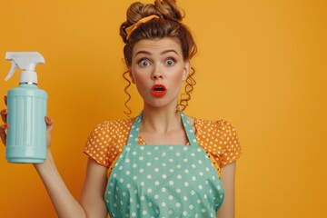 A young woman in a polka dot apron looks surprised while holding a spray bottle