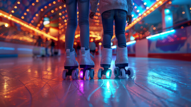 Two children enjoy roller skating at a vibrant indoor rink, illuminated with colorful lights, creating a fun and lively atmosphere.