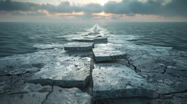 A stone path disappears into the distance over a vast, stormy sea. The sky is filled with dramatic clouds, creating a sense of mystery and adventure.