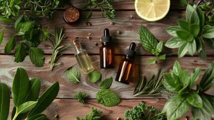 Herbal essential oils and fresh herbs on a wooden table