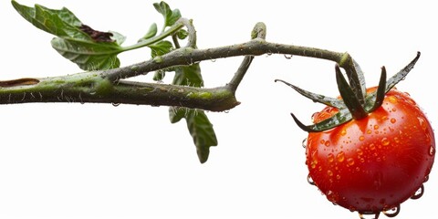 Obraz premium Fresh Tomatoes on Tree Branch: Creative Pattern for Advertising and Marketing. Isolated on White Background with Panoramic Depth. Vibrant Fruit Showcasing Health and Vitality in Stunning 4K Resolutio