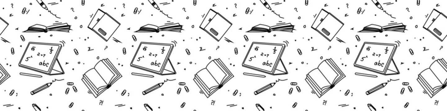 Back to school seamless pattern. Outline hand-drawn school objects seamless pattern. School background. Black and white drawing of a notebook, tablet, pen, copy books, pencil, book, clips. Editable.