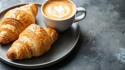 A cup of coffee and croissants