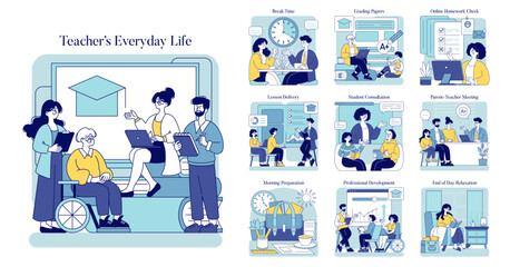 Fototapeta premium Teachers Everyday Life. Flat Vector Illustration