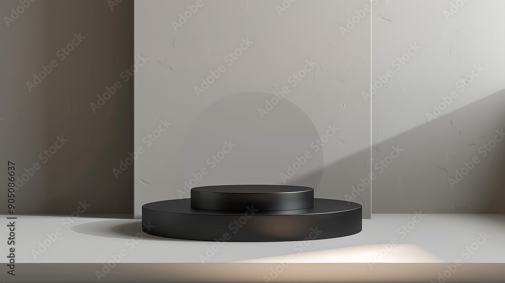 Poster minimalist black podium with two levels on a white surface. sunbeams cast shadows across the scene. 