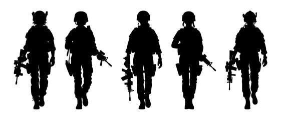 Female soldier with gun silhouette black filled vector Illustration icon