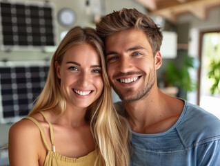 Couple Standing In Front House With Solar Panel On Roof