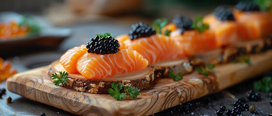 Caviar and salmon on a wooden board, closeup, gourmet presentation, soft lighting