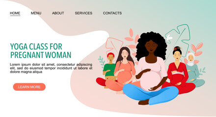 Yoga Class For Pregnant Woman landing page template with women sitting in lotus pose with different ethnicity	
