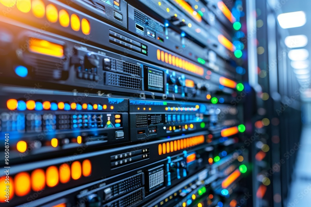 Poster data center infrastructure with illuminated server racks, highlighting connectivity and technologica