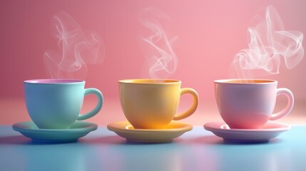 Fototapeta premium Three colorful cups of steaming coffee or tea on a blue surface.