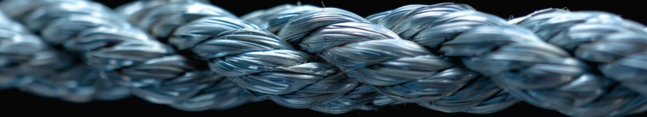 Glistening Diagonal Metal Rope in Focus: A Close-Up of a Thick Silver Cord on a Black Background with Selective Focus.