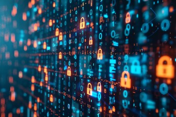 Obraz premium Digital universe concept with deep blue background and floating padlocks, depicting data security in virtual space.