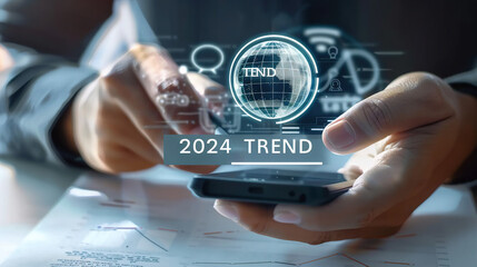 "2024 Trending Search: Person Using Smartphone for Digital Tools Validation - 8K Canon EOS Style, Wide Angle, Hyper Detailed, Holographic Background"