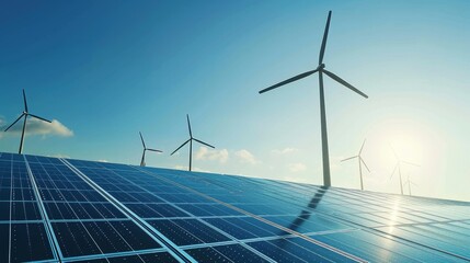 Wind turbines and solar panels in a field under a clear blue sky.