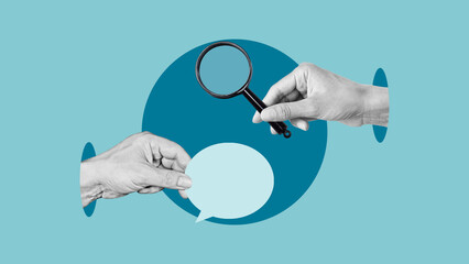 Survey feedback and evaluation feedback. Collage with speech bubble and magnifying glass....
