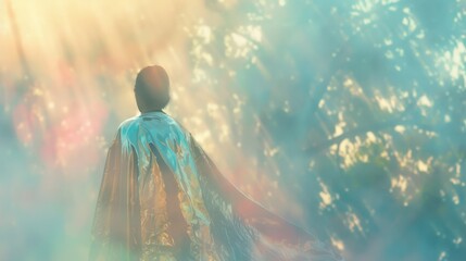 146. Poncho, movie style, pastel colors, metallic pattern, wide shot, soft light, bokeh, fog,