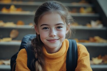 Portrait Of Young Girl Student With Backpack In Autumn