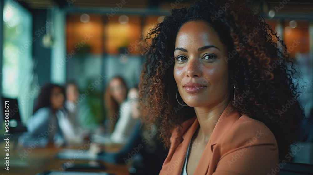Poster curly-haired woman is sitting in front of a group of people and smiling and looking directly into th