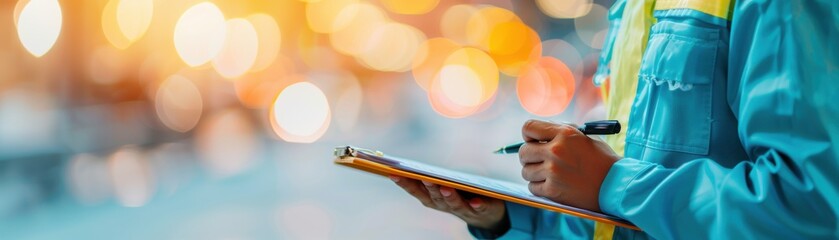 a person holding a clipboard and pen, taking notes in an urban setting with blurred city lights in the background.
