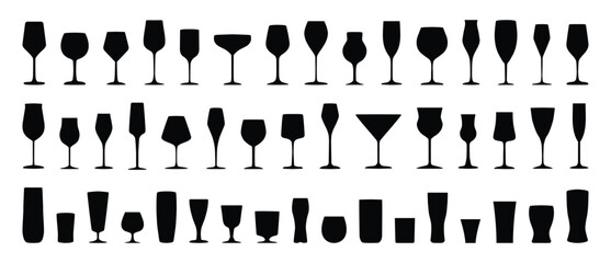 Wine glasses silhouette. Set of various types of wine glass vector collection silhouettes on white background. 