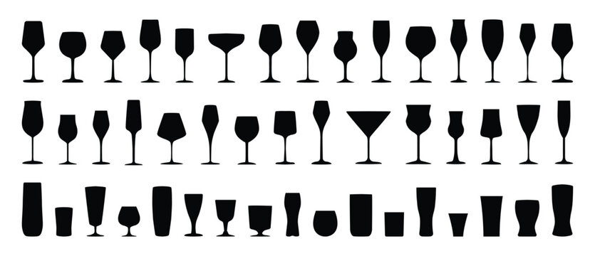 Wine glasses silhouette. Set of various types of wine glass vector collection silhouettes on white background. 