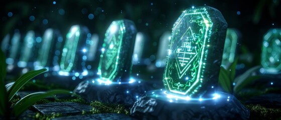 Futuristic digital gravestones glowing in a dark, eerie forest setting, representing advanced technology and artificial intelligence.