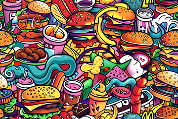 Fototapeta premium Seamless colorful pattern with fast food