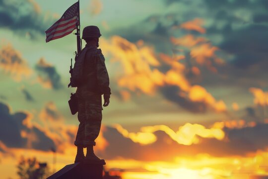 Silhouette of a soldier holding an American flag in tribute to those who served, Honoring the sacrifices of those who served in the military