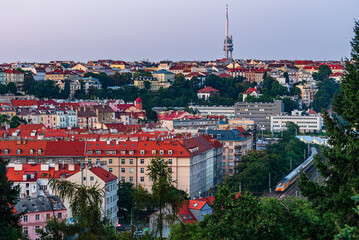 The cityscape of Prague Vinohrady with the Zizkov TV tower in background. 