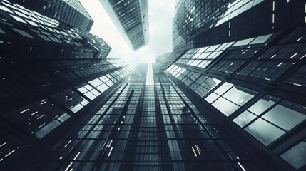 A low angle view of tall skyscrapers in a city, with a bright light shining down from the top. The image evokes a sense of awe and wonder.