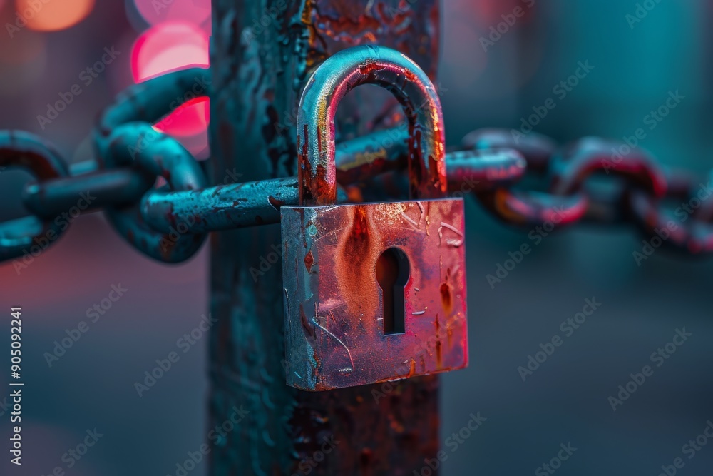 Poster rustic lock on a chain in moody blue setting, symbolizing security and nostalgia in an industrial co