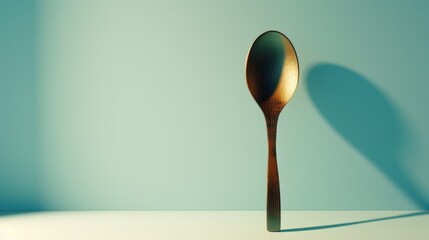 A single metal spoon stands upright, casting a long shadow on a blue surface.  Minimalist, clean aesthetic.