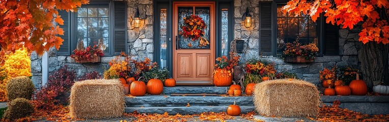 Obraz premium Welcoming House Entrance Adorned with Autumn Decor